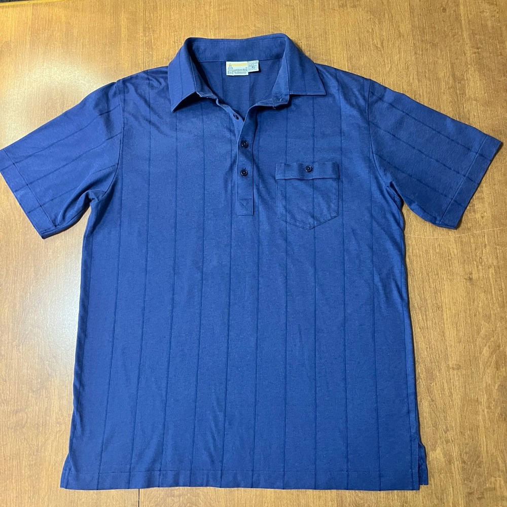Vtg London Fog Polo Shirt Mens XL Navy Blue‎ Vertical Stripe Short Sleeve